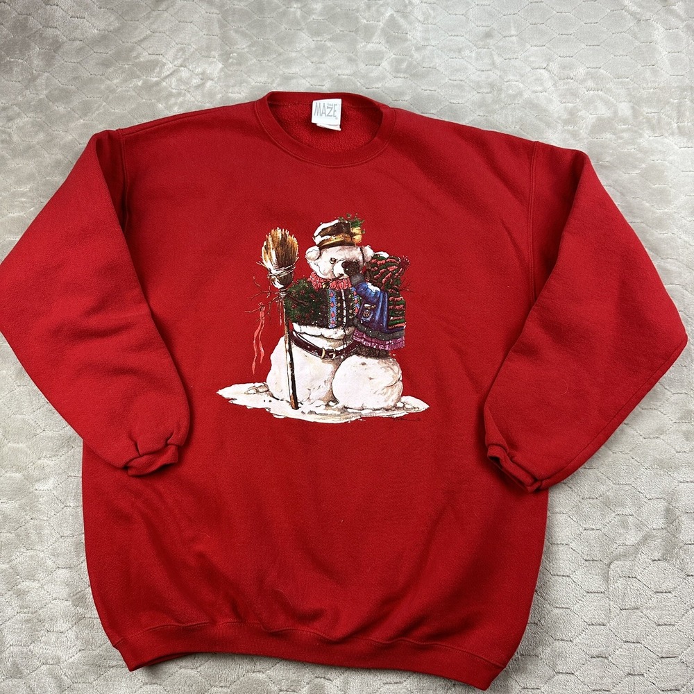 VTG 90s Maze Brand Christmas Sweatshirt - Sz Large -‎ USA Made Snowman See Pics